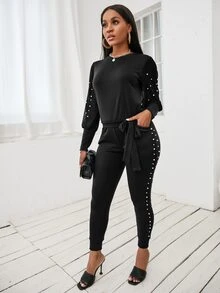 珍珠串珠結飾下擺運動衫和衛褲 - 黑色 - 查看 4