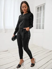 珍珠串珠結飾下擺運動衫和衛褲 - 黑色 - 查看 5