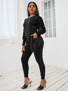 珍珠串珠結飾下擺運動衫和衛褲 - 黑色 - 查看 7