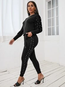 珍珠串珠結飾下擺運動衫和衛褲 - 黑色 - 查看 8