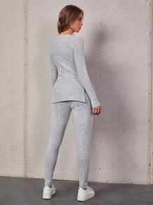 SHEIN 2 Miếng Sọc Đơn sắc Hằng ngày Thể thao Bộ đồ Chia bên Áo thun và Leggings - Màu Xám nhạt - Xem 2