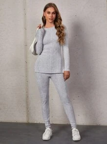 SHEIN 2 Miếng Sọc Đơn sắc Hằng ngày Thể thao Bộ đồ Chia bên Áo thun và Leggings - Màu Xám nhạt - Xem 3