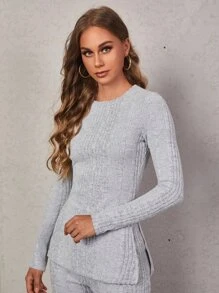 SHEIN 2 Miếng Sọc Đơn sắc Hằng ngày Thể thao Bộ đồ Chia bên Áo thun và Leggings - Màu Xám nhạt - Xem 5