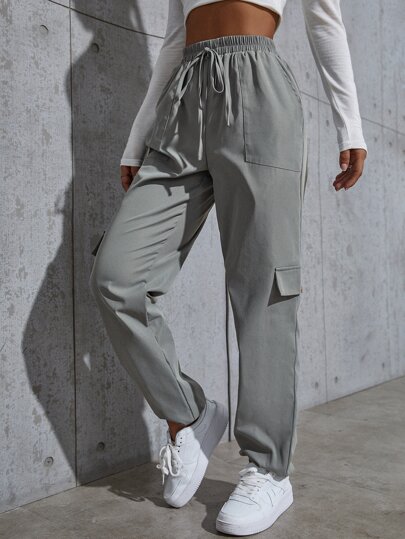 Flirla Knot Waist Flap Pocket Cargo Pants