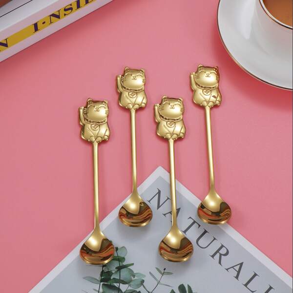 

2pcs Cartoon Cat Spoon, Gold