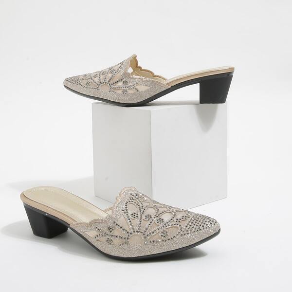 

Rhinestone & Glitter Decor Mules, Apricot