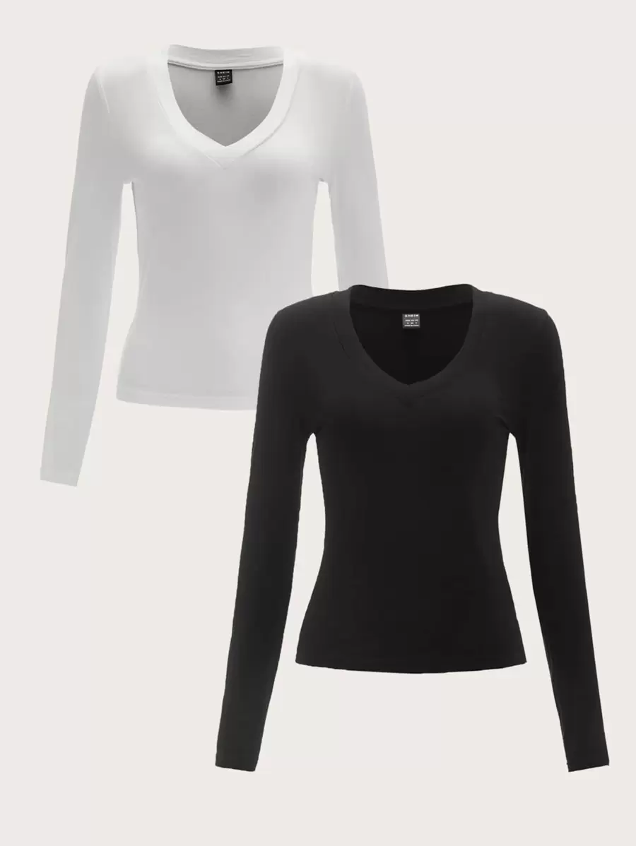 SHEIN EZwear Conjunto de verano de 2 piezas con camiseta sólida de cuello en V - Blanco y Negro - Ver 1