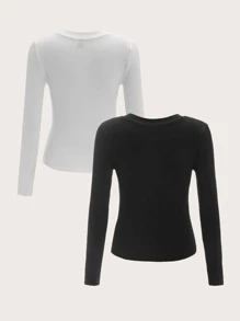 SHEIN EZwear Conjunto de verano de 2 piezas con camiseta sólida de cuello en V - Blanco y Negro - Ver 2