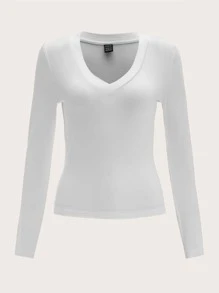 SHEIN EZwear Conjunto de verano de 2 piezas con camiseta sólida de cuello en V - Blanco y Negro - Ver 4