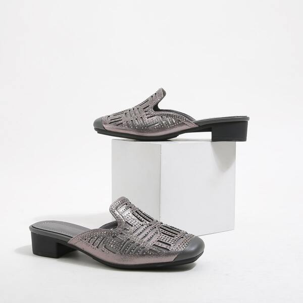 

Metallic Rhinestone Decor Mules, Grey