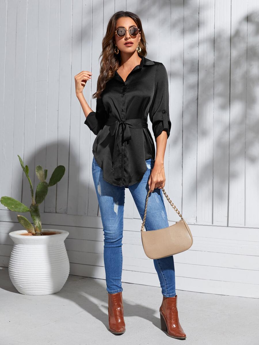 SHEIN Privé Button Through Belted High Low Blouse - Black - View 1