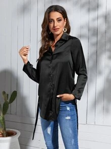 SHEIN Privé Button Through Belted High Low Blouse - Black - View 3