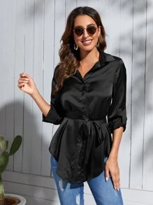 SHEIN Privé Button Through Belted High Low Blouse - Black - View 4