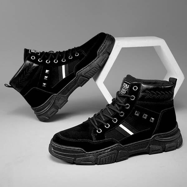

Men Spiked Decor Stitch Detail Lace-up Front Boots, Black