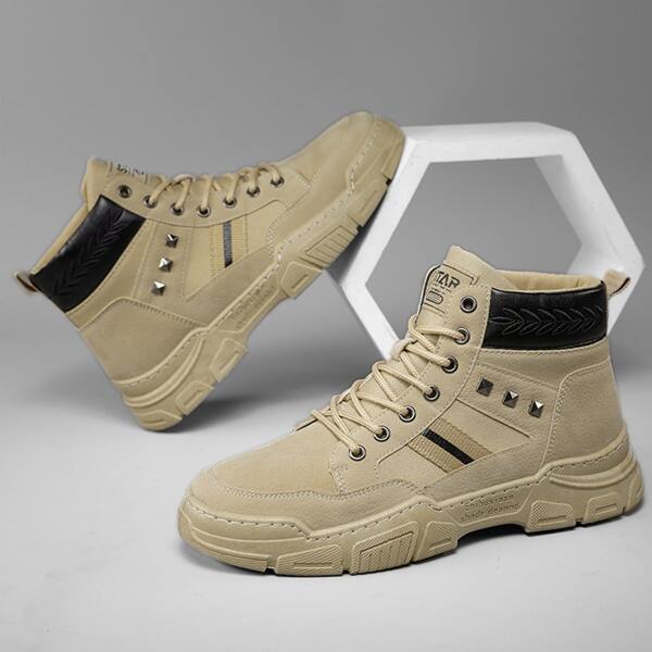 

Men Spiked Decor Stitch Detail Lace-up Front Boots, Khaki