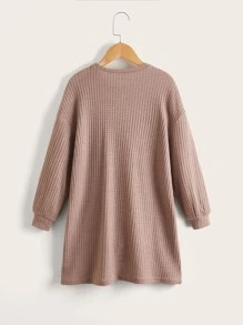 SHEIN 女孩基本款純色針織長袖圓領連衣裙 - 卡其色 - 查看 2