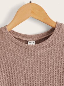 SHEIN 女孩基本款純色針織長袖圓領連衣裙 - 卡其色 - 查看 3