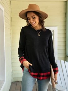 DEARCASE Buffalo Plaid Split Cuff 2 in 1 Tee - Black - View 1