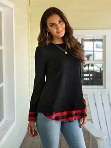 DEARCASE Buffalo Plaid Split Cuff 2 in 1 Tee - Black - View 3