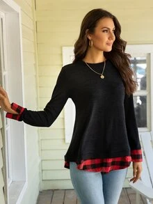 DEARCASE Buffalo Plaid Split Cuff 2 in 1 Tee - Black - View 4