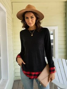 DEARCASE Buffalo Plaid Split Cuff 2 in 1 Tee - Black - View 6
