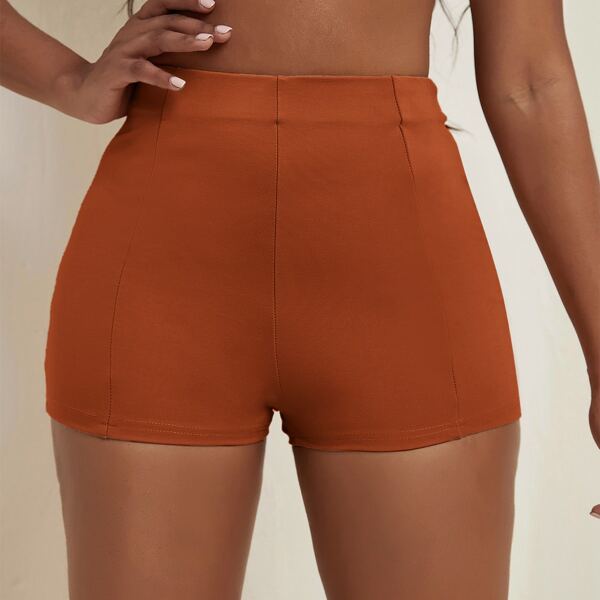 

Zipper Detail Solid Shorts, Brown
