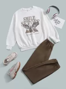SHEIN Teen Girls Letter & Eagle Graphic Pullover & Sweatpants Set - Multicolor - View 1