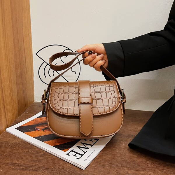 

Crocodile Embossed Flap Saddle Bag, Brown