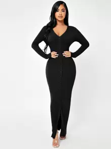 SHEIN SXY Button Through Rib Knit Bodycon Dress - Black - View 1