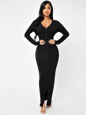 SHEIN SXY Stickad Bodycon Klänning med knapp genom ribbstickning