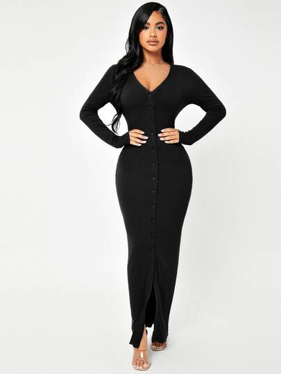 SHEIN SXY Button Through Rib Knit Bodycon Dress
