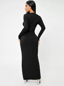 SHEIN SXY Button Through Rib Knit Bodycon Dress - Black - View 2