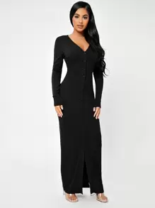 SHEIN SXY Button Through Rib Knit Bodycon Dress - Black - View 3