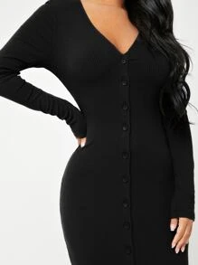 SHEIN SXY Button Through Rib Knit Bodycon Dress - Black - View 4
