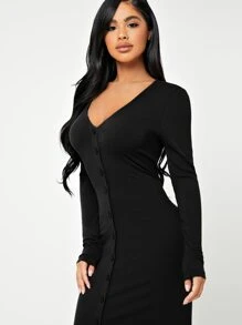 SHEIN SXY Button Through Rib Knit Bodycon Dress - Black - View 5