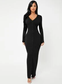 SHEIN SXY Button Through Rib Knit Bodycon Dress - Black - View 6
