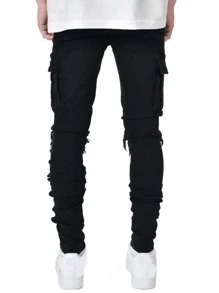 ROMWE MEN Guys Distressed Cargo Jeans - Black - View 2