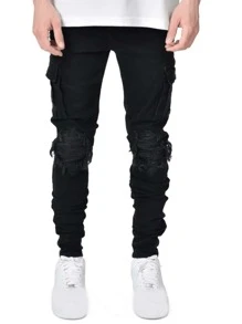 ROMWE MEN Guys Distressed Cargo Jeans - Black - View 3