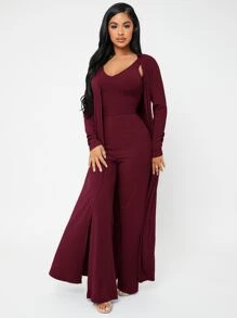 SHEIN SXY Open Front Rib-knit Coat & Trousers Set With Camisole - Burgundy - View 1