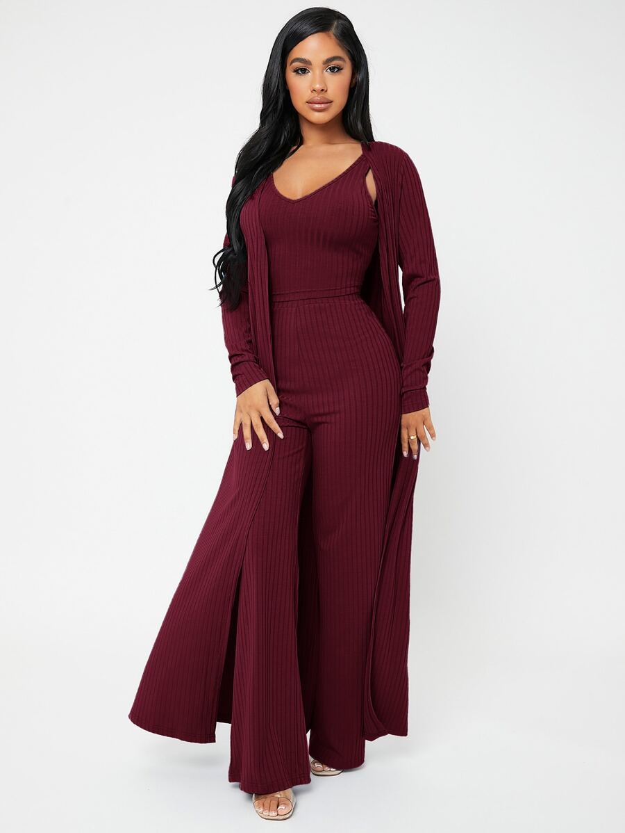 SHEIN SXY Open Front Rib-knit Coat & Trousers Set With Camisole - Burgundy - View 1