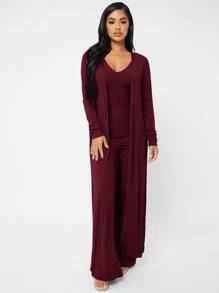 SHEIN SXY Open Front Rib-knit Coat & Trousers Set With Camisole - Burgundy - View 3