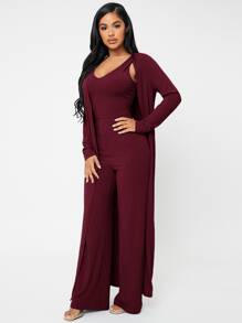 SHEIN SXY Open Front Rib-knit Coat & Trousers Set With Camisole - Burgundy - View 4