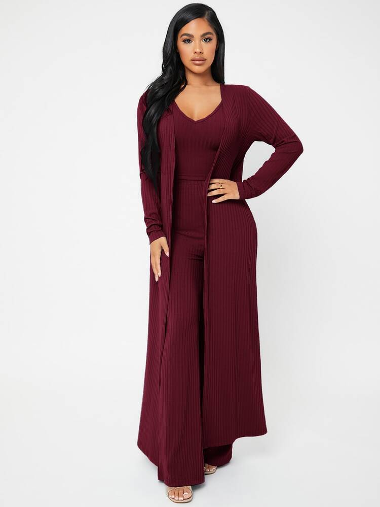 SHEIN SXY 開門襟羅紋針織外套和長褲套裝帶吊帶內搭 - 酒紅色 - 查看 5