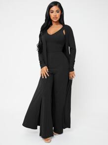 SHEIN SXY Open Front Rib-knit Coat & Trousers Set With Tank Top - Black - View 1