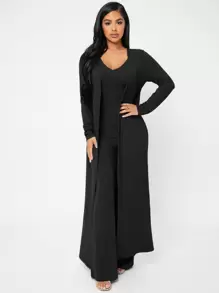 SHEIN SXY Open Front Rib-knit Coat & Trousers Set With Tank Top - Black - View 4