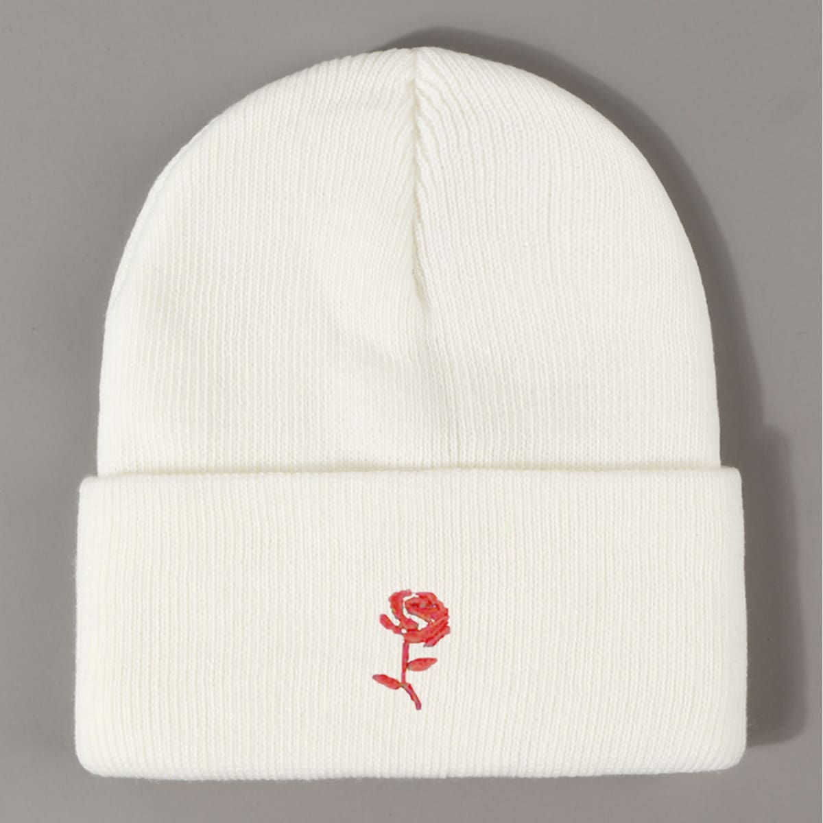 

Flower Embroidery Beanie, White