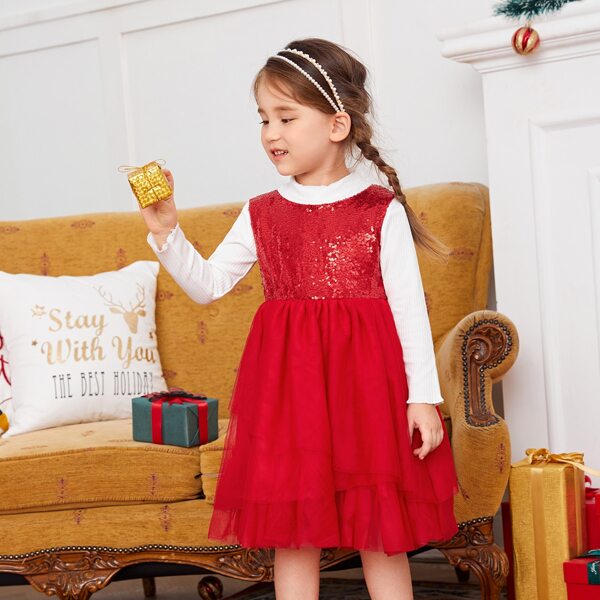 

Toddler Girls Sequin Insert Layer Mesh Hem Gown Dress Without Tee, Red