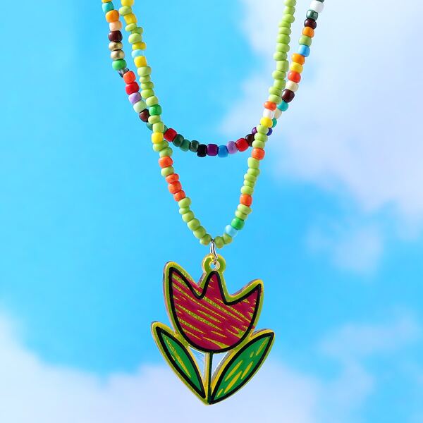 

2pcs Flower Charm Beaded Necklace, Multicolor