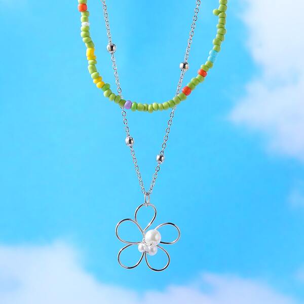 

2pcs Flower Charm Beaded Necklace, Multicolor