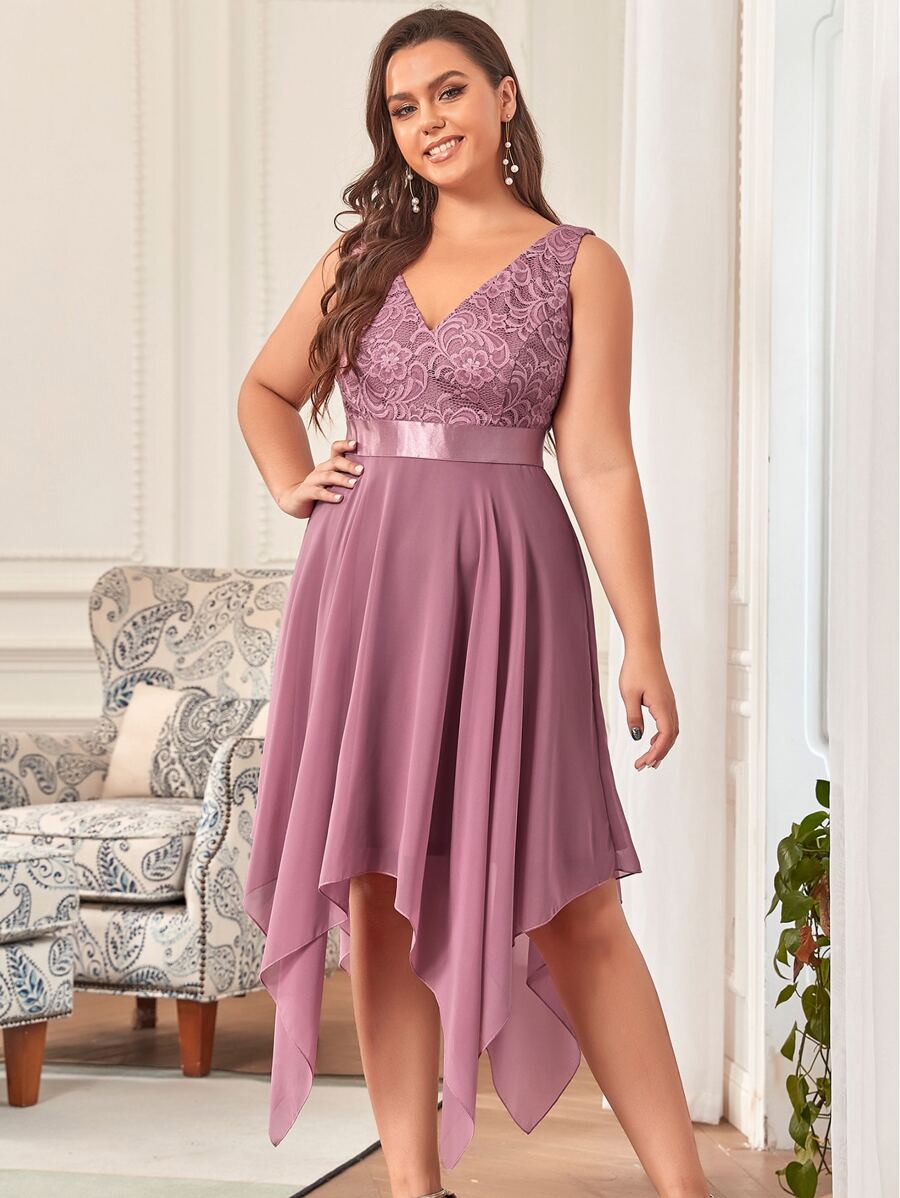 EVERPRETTY Plus Contrast Lace Asymmetrical Hem Party Dress - Dusty Pink - View 1